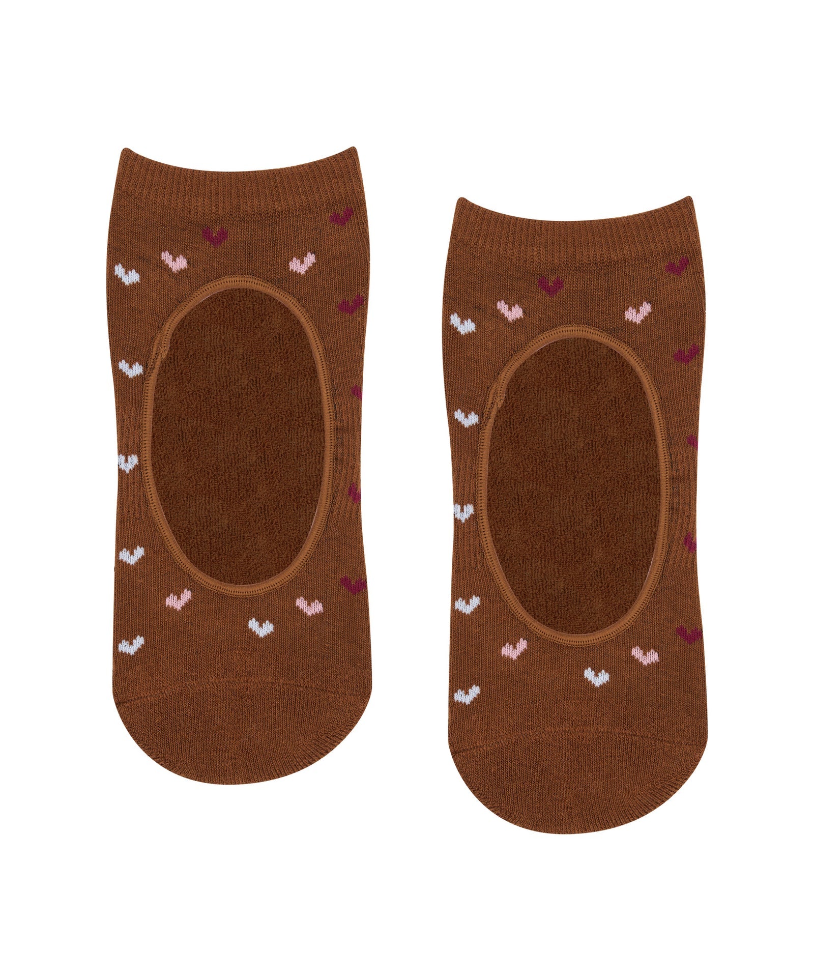 SLIDE ON NON SLIP GRIP SOCKS HEARTS AFFLUTTER BROWN