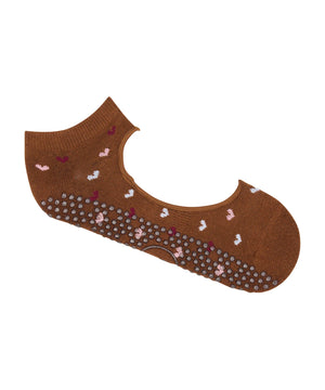 SLIDE ON NON SLIP GRIP SOCKS HEARTS AFFLUTTER BROWN