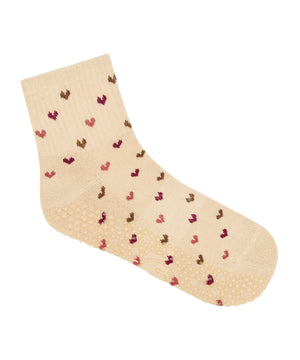 QUARTER CREW NON SLIP GRIP SOCKS HEARTS AFLUTTER BEIGE